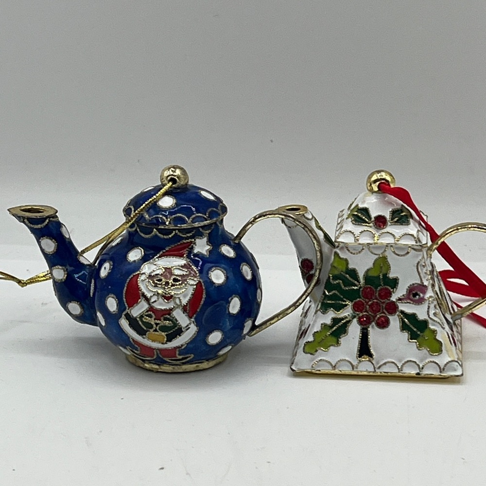 2 Vintage Cloisonne Teapot Christmas Ornaments Set Santa Holly Enamel Blue White